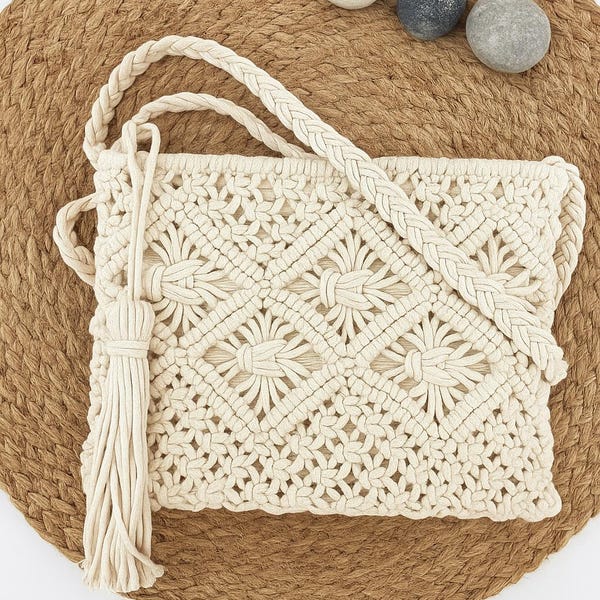 Bolso bandolera de macramé hecho a mano: Bolso bohemio de algodón tejido