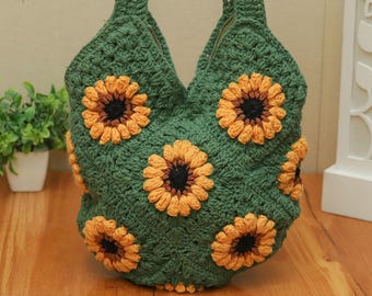 Crochet Sunflower Tote Bag – Handmade Granny Square Cotton Purse
