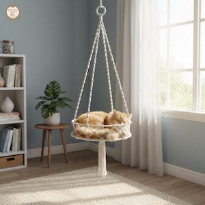 Op de afbeelding: Een hangende macramé kattenmand met een slapende oranje kat. Het bed is opgehangen aan een wit touw en heeft een cirkelvormige geweven basis. De achtergrond omvat een raam, een boekenplank en een kleine bijzettafel met een plant in een pot.