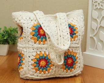 Bolso de mano cuadrado de ganchillo hecho a mano estilo abuela – Bolso de algodón bohemio colorido