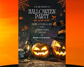 May include: Halloween party invitation with a spooky theme. The invitation includes text, bats, spiders, and jack-o'-lanterns. The text reads "YOU ARE INVITED TO HALLOWEEN PARTY" and provides the date, time, and location.