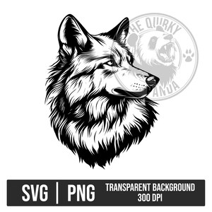 May include: Black and white illustration of a wolf's head in profile, with detailed fur and facial features. The image includes the text "SVG | PNG TRANSPARENT BACKGROUND 300 DPI" in a black rectangle, and a panda logo.