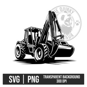 May include: Black and white illustration of a backhoe loader. The image includes the text "SVG | PNG TRANSPARENT BACKGROUND 300 DPI" at the bottom, and a panda bear logo in the background. The backhoe is a construction vehicle.