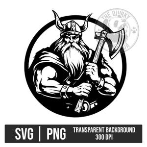 May include: Black and white illustration of a Viking warrior with a long beard, horned helmet, and axe, set within a circular frame. The image includes the text "SVG | PNG TRANSPARENT BACKGROUND 300 DPI".
