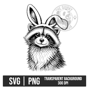 May include: Black and white illustration of a raccoon wearing bunny ears. The raccoon has a smiling expression and is set against a white background. The image includes the text "SVG | PNG TRANSPARENT BACKGROUND 300 DPI".