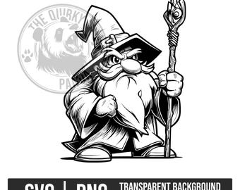 May include: A black and white graphic illustration of a wizard wearing a pointed hat and robe, holding a tall staff with a crystal top. A circular logo featuring a panda and the text THE QUIRKY PANDA is visible in the background.