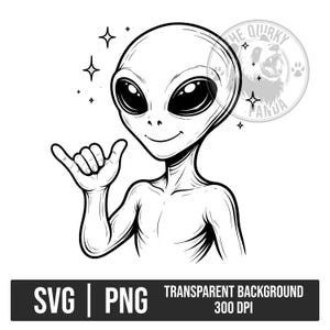 May include: Black and white illustration of an alien with large eyes, smiling, and making a shaka sign. The image includes the text "SVG | PNG TRANSPARENT BACKGROUND 300 DPI" and a logo with a panda.