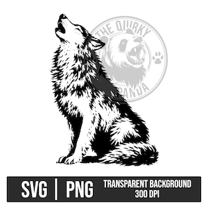 May include: Black and white illustration of a howling wolf. The wolf is depicted in a sitting position with its head raised and mouth open. The image includes text that reads "SVG | PNG TRANSPARENT BACKGROUND 300 DPI". A panda logo is in the background.