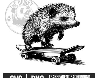 Detaljerad igelkottskateboarding SVG PNG | Söt tecknad djurvektor, digital konst för t-shirts, klistermärken, affischer och lasergravering