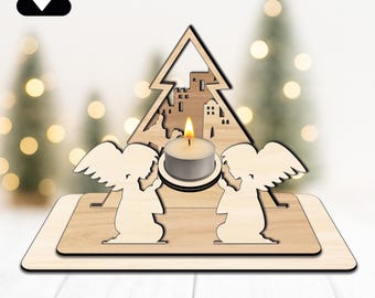 Advent candle holder angel SVG laser cut file Merry Christmas DIY Christmas decoration Advent wreath made of wood