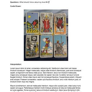 Op de afbeelding: Een tarotkaartlegging met zes kaarten in twee rijen. De bovenste rij toont de Acht van Kelken, De Hiërofant en een omgekeerde Keizer. De onderste rij toont de Dood, de Page van Zwaarden en de Koningin van Zwaarden tarotkaarten.