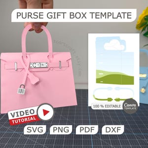 May include: A light pink paper purse gift box template featuring a handle, a decorative strap, and a small padlock charm. The image includes text reading PURSE GIFT BOX TEMPLATE, VIDEO TUTORIAL, SVG, PNG, PDF, DXF, and 100% EDITABLE CANVA TEMPLATE.