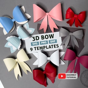 Puede incluir: Una colección de nueve plantillas de lazo de papel 3D en varios colores, incluyendo rosa, rojo, azul, gris y crema. La imagen incluye el texto "3D BOW" y las opciones de tipo de archivo "SVG, PNG, DXF". También hay un logotipo de tutorial de YouTube.