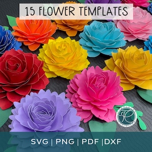 May include: A collection of 15 paper flower templates in various colours including red, orange, yellow, pink, purple, and blue. The flowers feature layered petals and are accompanied by green paper leaves. The text 15 FLOWER TEMPLATES is visible.