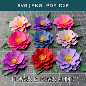 Paper Flower SVG Templates, 9 Flowers and Leaves Cut files for Paper Crafting (Digital Download)