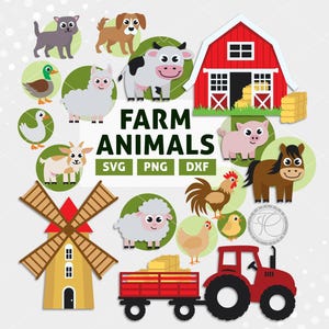 May include: A colorful illustration featuring various farm animals, a red barn, a windmill, and a tractor. The text "FARM ANIMALS" is prominently displayed. The image includes a cat, dog, duck, goose, goat, cow, pig, horse, rooster, and chicken.