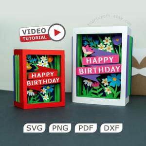 Puede incluir: Dos tarjetas de caja de sombra de papel en capas que presentan una escena de jardín floral con flores blancas, azules y rosas. Cada tarjeta tiene un marco rojo o blanco y una pancarta con el texto HAPPY BIRTHDAY. Incluye icono de video.