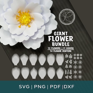 May include: A digital craft file set titled Giant Flower Bundle featuring a large white paper flower with a yellow center, accompanied by various petal, leaf, and flower center templates. The text includes 12 Flowers, 11 Leaves, 14 Flower Centers, SVG, PNG, PDF, DXF.