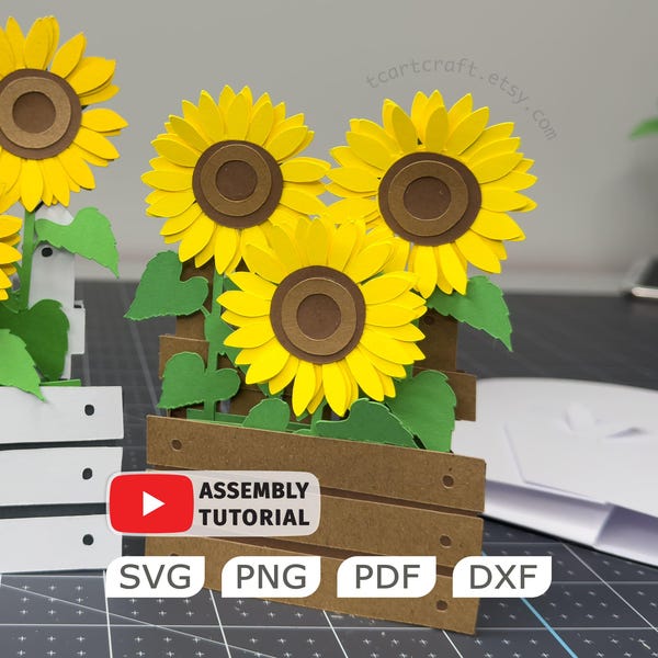 Sunflower Pop Up Card SVG, 3D Paper Sunflower Box PNG, PDF Printable Template