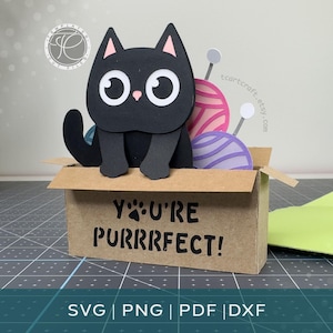 Puede incluir: Un proyecto de manualidades en papel con un gato negro de grandes ojos blancos sentado en una caja de cartón marrón. La caja tiene el texto YOU'RE PURRRFECT! impreso en el frente con una huella. Detrás del gato hay ovillos de lana de colores.