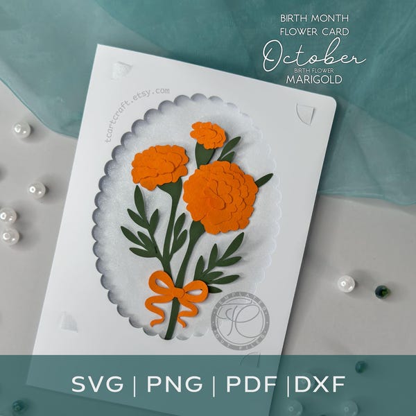Birth Month Paper Flower SVG Bundle, October Marigold Flower Birthday Card Template