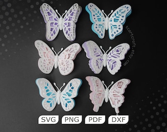 Pacote de arquivos SVG de borboletas, 6 elegantes modelos de borboletas 3D em camadas para artesanato em papel (download digital)