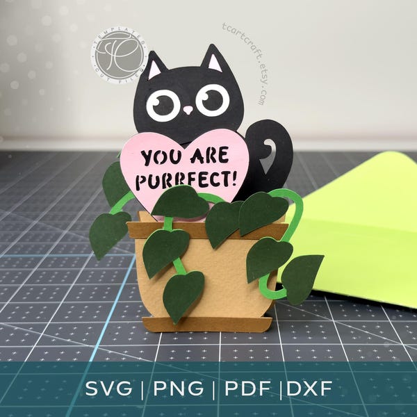 Kawaii Cat in Plant Pot Pop Up Card SVG, Kitty Card Template (Digital Download)