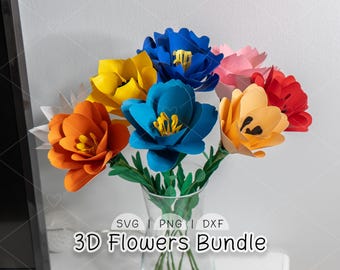 3D Paper Flower SVG Bundle | Cardstock Flowers Template | Cricut Silhouette Cut Files | DIY Flowers