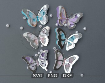 Pacote de borboletas 3D em SVG, 6 modelos de borboletas de papel em camadas (download digital)