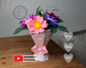Paquete de archivos SVG de ramo de papel 3D, caja de regalo de papel con flores (descarga digital)
