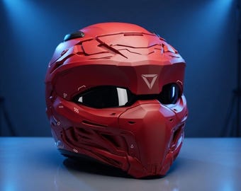 May include: A futuristic red helmet with a visor and face covering. The helmet has a geometric design with angular lines and a matte finish. The visor is black, and the helmet is lit by blue spotlights.