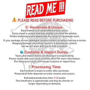 May include: A notice with red and black text on a white background. The text includes "READ ME!!!" and "PLEASE READ BEFORE PURCHASING." It provides information on handmade items, customs duties, and processing time, with a 1-2 week production estimate.