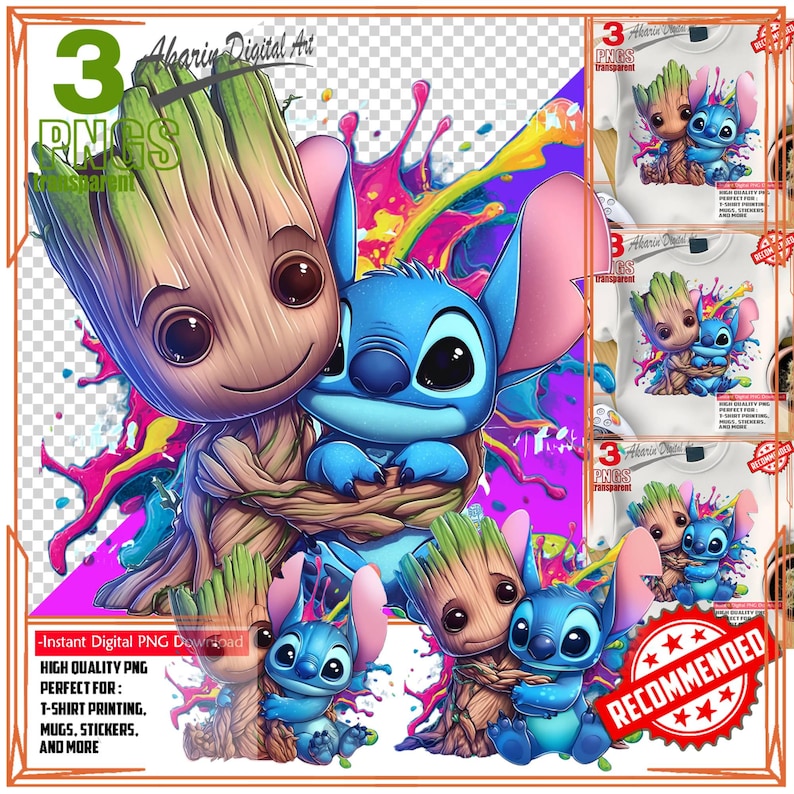 Stitch and Groot PNG Clipart: Watercolor Splash (digital Download) - Etsy