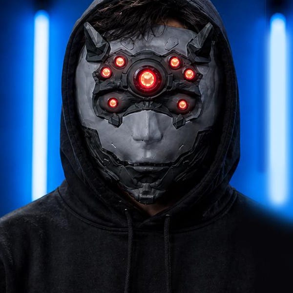 Cyborg Maske mit beweglichem Kiefer und LED, 3D gedruckte futuristische Maske, schwarz graue Sci Fi Cosplay Maske
