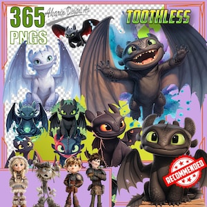 以下が含まれることがあります： 「ヒックとドラゴン」シリーズのキャラクター、トゥースレスを含む様々なドラゴンのデジタルアート。様々なポーズのドラゴンが複数PNGで描かれており、カラフルな背景が特徴です。「365 PNGS」と「TOOTHLESS」の文字が含まれています。