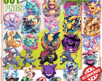 May include: A collection of 381 PNGs featuring various colorful Pokemon characters. The images include popular characters like Pikachu, Charizard, and Bulbasaur, each rendered in a vibrant, artistic style. The word "Pokemon" is displayed in a green, 3D font.