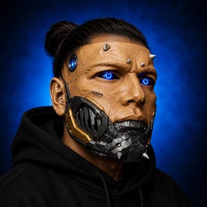 May include: A futuristic mask with glowing blue eyes and metallic accents. The mask has a tan and black color scheme with silver spikes and a barcode detail. The person is wearing a black hoodie.