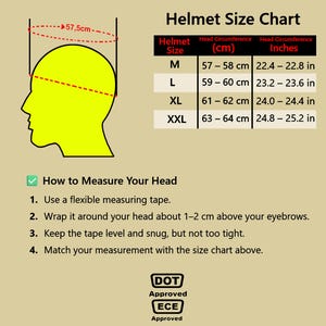 May include: Helmet size chart showing head circumference in cm and inches. Sizes range from M to XXL. Instructions on measuring head size are included, along with DOT and ECE approval logos for helmet safety.