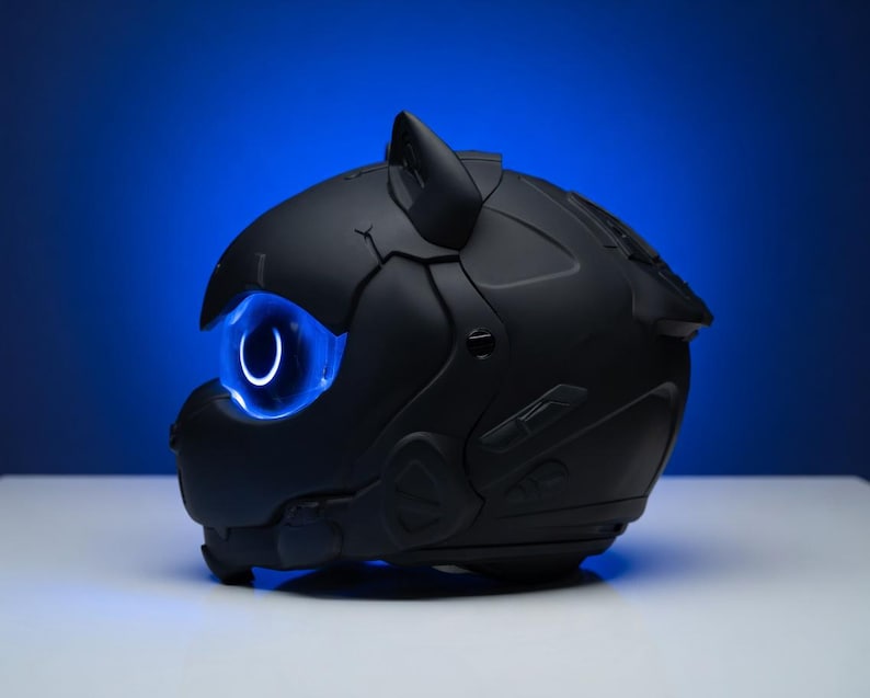 cyberpunk cat skull Motorcycle Helmet, Custom Airbrushed Biker helmet image 3
