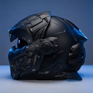 Casco da motociclista cyberpunk, stampato in 3D, omologato DOT ECE per cosplay e guida.