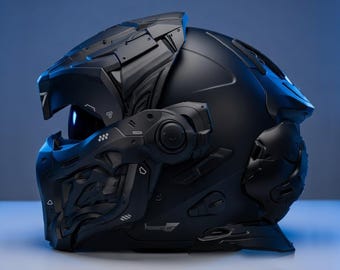 May include: A matte black motorcycle helmet with a futuristic, armored design. The helmet features intricate, angular details and a visor area with a blue glow. The overall aesthetic suggests a sci-fi or tactical theme.