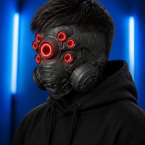 May include: A black, futuristic mask with multiple red glowing circular lights. The mask has a complex design with a gas mask-like lower section. The person is wearing a black hooded sweatshirt against a blue background.