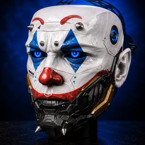 Op de afbeelding: Een futuristisch clownmasker met een witte basis, rode en blauwe accenten en gloeiende blauwe ogen. Het masker heeft een metalen, hoekig ontwerp met spikes en een zwart en gouden ondergezicht. De algehele esthetiek is een mix van cyberpunk en stripboeken.