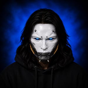 Op de afbeelding: Een wit en grijs cybernetisch masker met gloeiende blauwe ogen, tegen een blauwe achtergrond. Het masker heeft metalen accenten en een gedetailleerd, futuristisch ontwerp. De persoon draagt een zwarte hoodie.