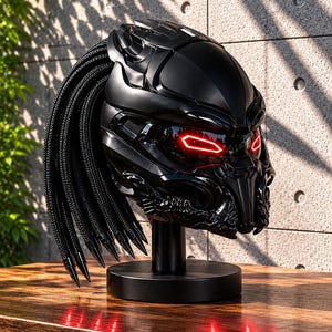 以下が含まれることがあります： マットブラックのフルフェイスヘルメットで、彫刻的で角張ったデザインが特徴です。後部には長い黒い編み込み状の髪のようなエクステンションが付いています。バイザー部分には赤い幾何学的な光のアクセントが輝いており、黒いスタンドに設置されています。