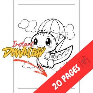 May include: Black and white line art of a cartoon dinosaur with a parachute, set against a cloudy sky. The image includes the text "Instant Download" and "20 Pages" on a red diagonal banner. This is a coloring book page.