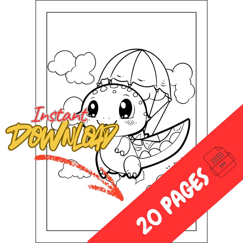 May include: Black and white line art of a cartoon dinosaur with a parachute, set against a cloudy sky. The image includes the text "Instant Download" and "20 Pages" on a red diagonal banner. This is a coloring book page.