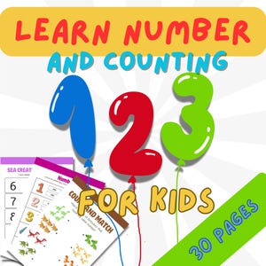 Può includere: Materiale didattico colorato per bambini con i numeri 1, 2 e 3 a forma di palloncino. Il testo "IMPARARE I NUMERI E CONTARE PER BAMBINI" è visualizzato sopra i numeri. Sono visibili anche fogli di esercizi di conteggio.