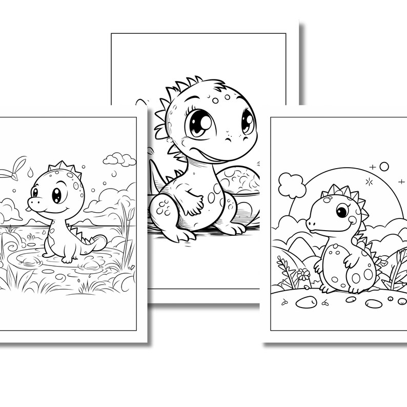 May include: Black and white coloring book pages featuring adorable cartoon dinosaurs in various scenes. One dinosaur is sitting, another is in a puddle, and a third is near an egg. The illustrations are detailed and suitable for children.