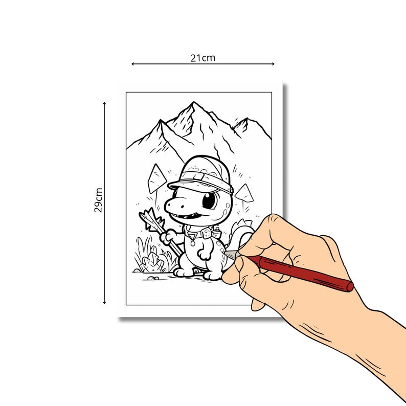 May include: Black and white line art of a cartoon dinosaur wearing a hat and holding a spear, with mountains in the background. The artwork is 29 cm high and 21 cm wide. A hand is drawing on the image with a red pen.